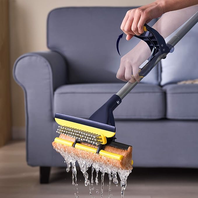 Yocada Sponge Mop Home Commercial Use Tile Floor Bathroom Garage Cleaning Total 3 Sponge Heads Squeegee and Extendable Telescopic Long Handle 42.5 to 52 Inches Easily Dry Wringing Only 3 Heads
