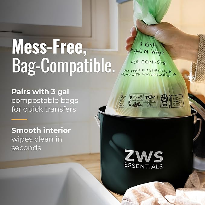 Black Stainless Steel Compost Bin | 6.5L Odor-Free Kitchen Countertop Food Scrap Pail with Charcoal Filter | Compact Zero Waste Solution for Home and Apartment Kitchens