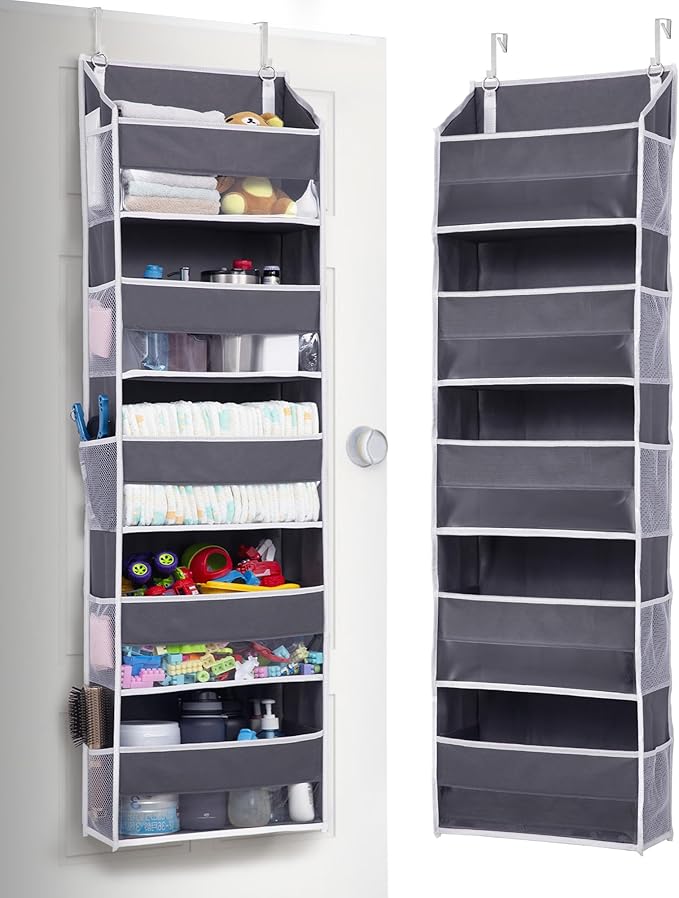 ULG 1 Pack Over Door Organizer with 5 Large Pockets 10 Mesh Side Pockets, 44 lbs Weight Capacity Hanging Storage Organizer with Clear Window Kids Toys, Shoes, Diapers, Dark Grey, 5 Layers