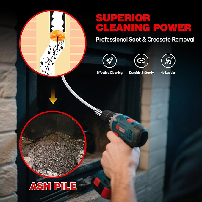 Chimney Sweep Kit - 46 Feet, Chrome Button Locking System, 14 Flexible Rods