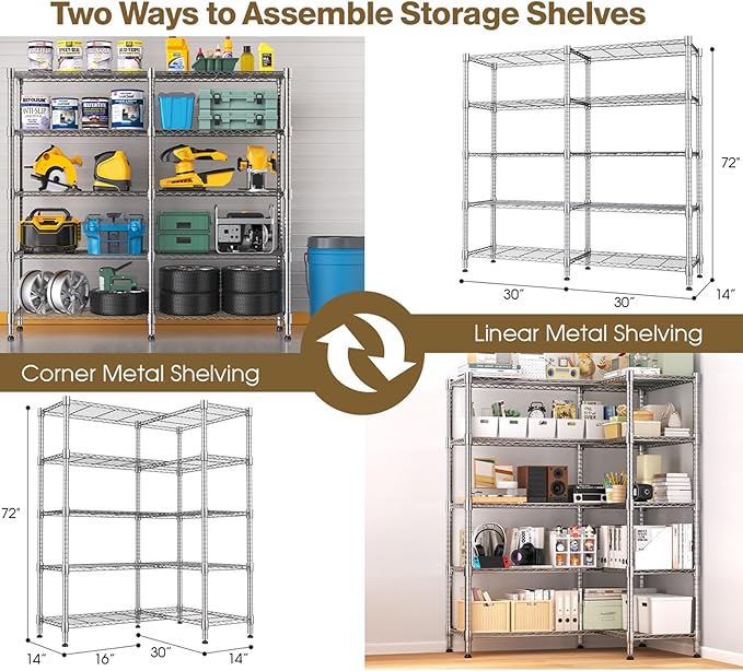 Himimi Storage Shelves-5 Tier Heavy Duty Wire Shelving Unit with Leveling Feet, 1500LBS Adjustable Metal Shelves Organizer for Kitchen Garage Pantry Laundry, 60" W*14" D*72" H, Silver