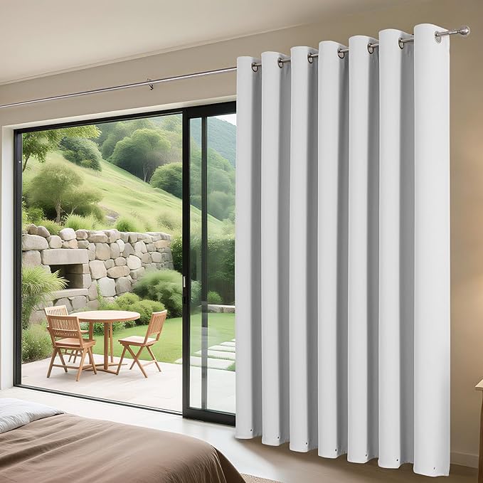 Joydeco Blackout Patio Sliding Door Curtains 108 Inches Long, Grommet Privacy Room Divider Curtains, Extra Wide Thermal Blackout Drapes for Bedroom Living Room (Greyish White, 70Wx108L, 1 Panel)