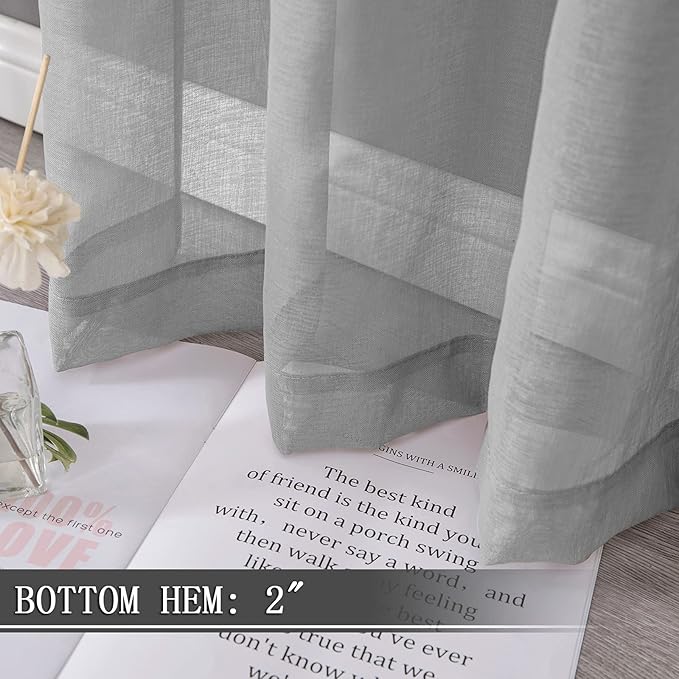 Tollpiz Short Sheer Curtains Linen Textured Bedroom Curtain Sheers Light Filtering Rod Pocket Voile Curtains for Living Room, 54 x 45 inches Long, Silver Grey, Set of 2 Panels