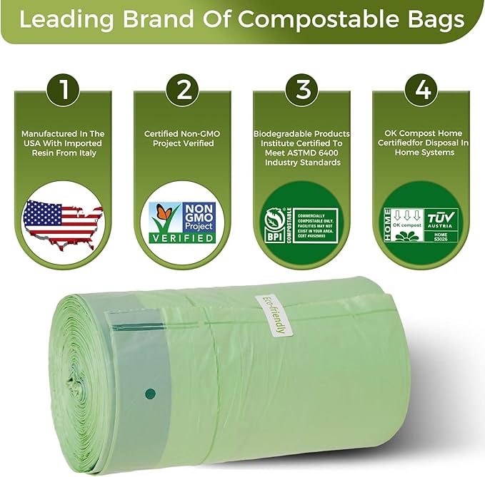 30-33 Gallon Compostable Trash Bags with Flat-Top, Heavy Duty Extra Thick 1.57 Mil, 124.92 Liter, 30 Bags, Large Lawn and Yard Waste Bag, ASTM D6400, US BPI and OK Compost Home Certified