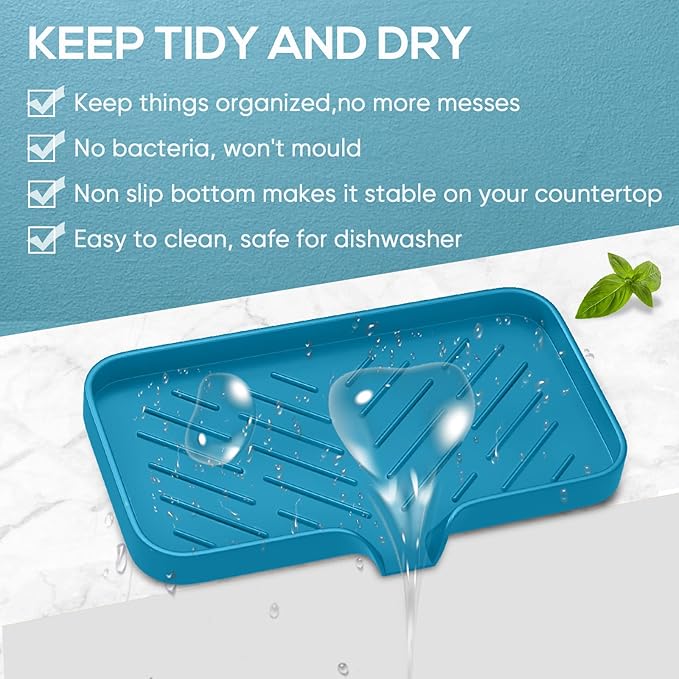 Premium Silicone Soap Holder for Bathroom & Kitchen Sink - Self Draining Tray with Caddy for Dish Soap Bottle & Soap Dispenser