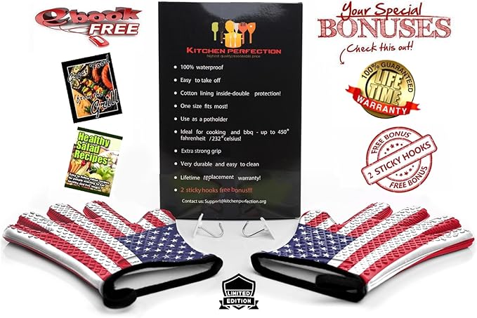 KITCHEN PERFECTION Silicone Smoker Oven Gloves -Extreme Heat Resistant BBQ Gloves -Handle Hot Food Right on Your Smoker Grill Fryer Pit|Waterproof Oven Mitts Grill Gloves |Superior Value Set+3 Bonuses