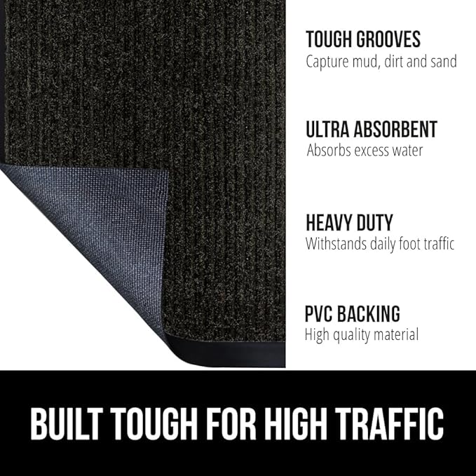 GORILLA GRIP Traffic Guard Door Mat, 47x35, Heavy Duty Welcome Mats, Commercial Office Space Doormat, Waterproof, Fade Resistant, Strong Rubber Backing, Low Profile, Shoe and Boot Scraper, Jet Black