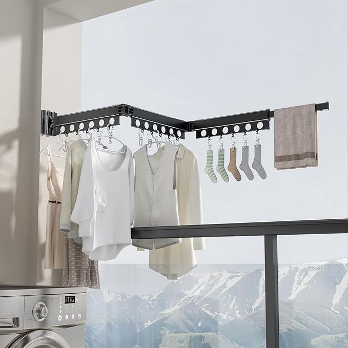 Clothes Drying Rack Foldable Wall Mounted Drying Rack 3 Fold Black-Laundry Drying Rack Durable Clothing Racks for Hanging Clothes