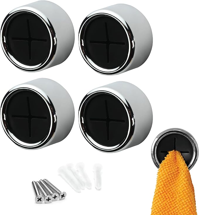 S&T INC. Round Adhesive Push Towel Hooks for Kitchen, Hand and Dish Towels, Black, 4 Pack