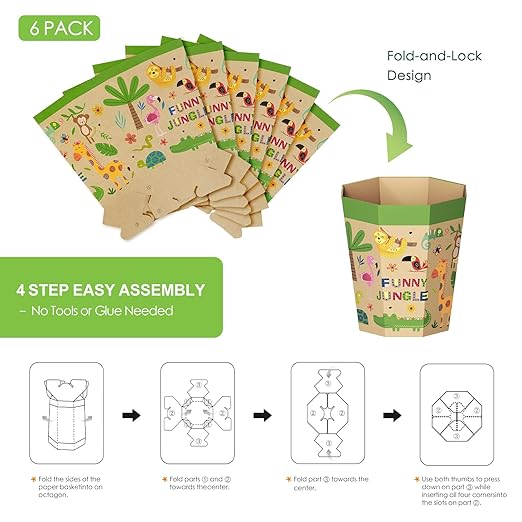 6-Pack Cardboard Trash Can – Foldable, Recyclable, Plastic-Free & Reusable Small Waste Paper Basket for Kids - Garbage Bin Perfect for Bedrooms, Playrooms, Children's Room & Outdoor (1.6 Gallon)