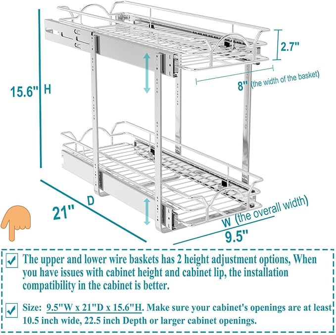 OCG 2 Tier Pull Out Cabinet Organizer (9.5" W x 21" D), Pull Out Drawers for Kitchen Cabinets, Pull Out Shelves for Base Cabinet Organization in Kitchen Bathroom Pantry, Chrome Finish
