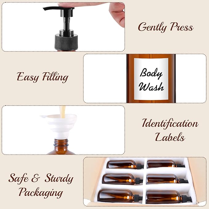 12 Pack Amber Glass Bottles 16oz with Pump Dispensers, Refillable Empty Pump Bottles for Bathroom, Kitchen, Shampoo, Soap, Lotion – Includes 2 Funnels & 12 Labels
