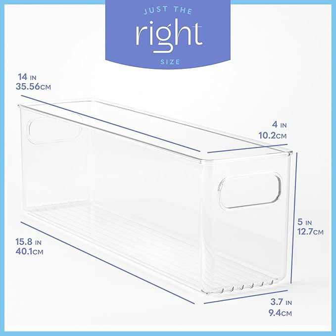 Plastic Food Storage 6 Pack Clear Container Bin with Handles for Organizing Kitchen, Pantry, Refrigerator, Freezer, Pantry, Cabinet, Closet, Bathroom. 14”x4”x5”