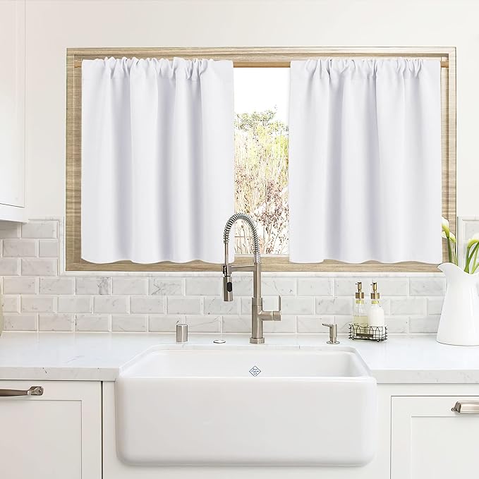 RYB HOME Blackout Curtains for Kitchen, Over Sink Privacy Curtains Window Decor, Thermal Insulating Drapes for Bathroom Cafe Bedroom Small Window, W 42 x L 24 inch, Pure White, 2 Panels