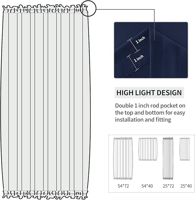 DWCN French Door Curtains – Rod Pocket Thermal Blackout Curtain for Doors with Glass Window, Kitchen and Patio Doors for Privacy, 25 X 40 Inch Length, 1 Curtain Panel with Tieback, Navy Blue