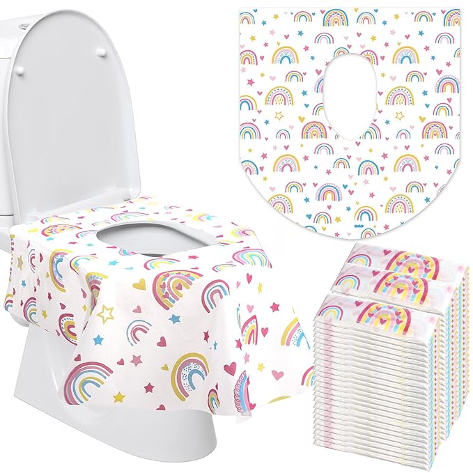 50 Packs Disposable Toilet Seat Covers Extra Large Individually Wrapped for Kids and Adults, Portable Non Slip Waterproof Potty Seat Covers for Toddlers Potty Training, Travel (Rainbow)