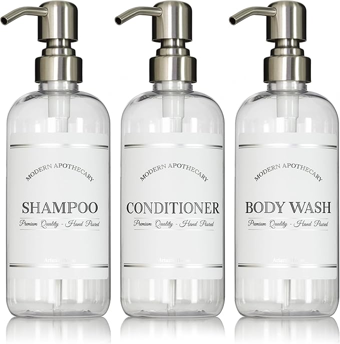 Clear Refillable Shampoo and Conditioner Bottles - Body Wash, Shampoo and Conditioner Dispenser - PET Plastic Shampoo Bottles Refillable with Pump - Waterproof Labels - 16 oz, 3 Pack (Stainless Steel)