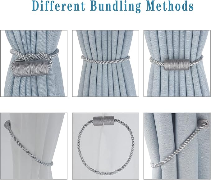 Magnetic Curtain Tiebacks 2 Pack Grey Curtain Rope Tieback Curtain Holders for Drapes Modern Tie Backs Decorative Curtain Holdbacks