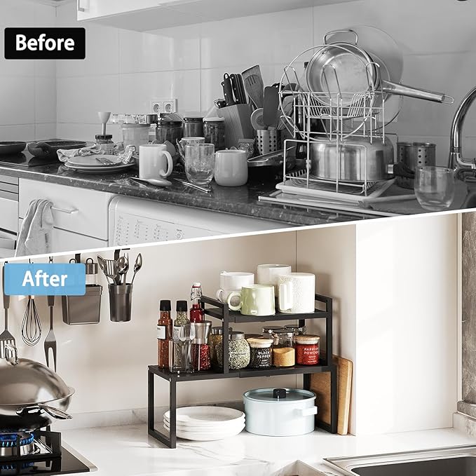 2 Pack Expandable Kitchen Cabinet Shelves Organizer,Heavy Duty Metal Shelving Units and Storage,Stackable Adjustable Kitchen Storage Organization Shelves Rack for Counter Cupboard Pantry,Length:20.5"