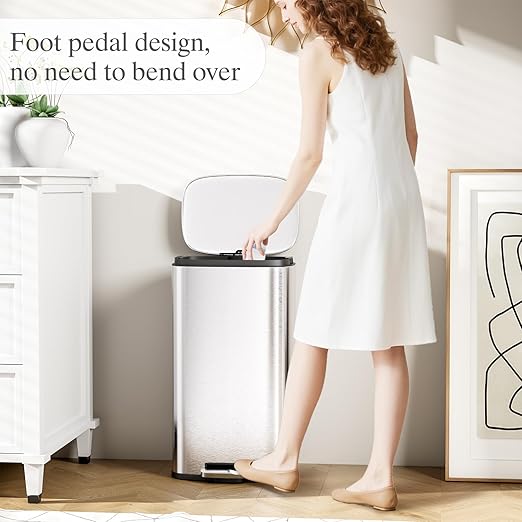 AthLike Trash Can, Stainless Steel Kitchen Garbage Can, Step Waste Bin with Hinged Lid and Removable Inner Bucket, Soft-Close, Dustbin for Bathroom Bedroom Living Room Home (Silver, 13.2 Gal)