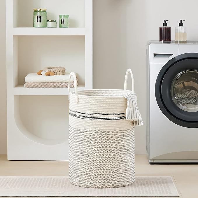 VIPOSCO Large Laundry Hamper, Tall Woven Rope Storage Basket for Blanket, Toys, Dirty Clothes in Living Room, Bathroom, Bedroom - 72L Stripe White