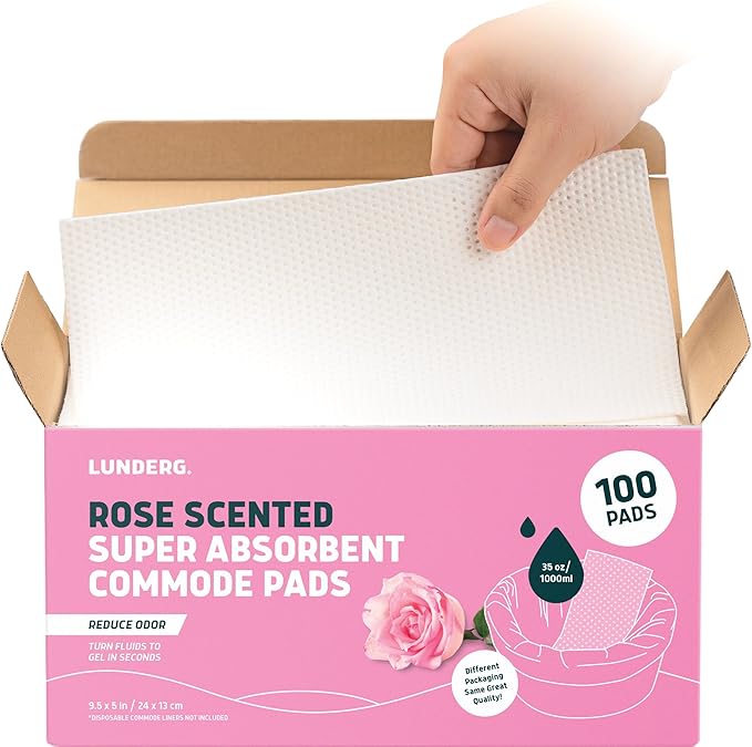Lunderg Rose Scented Super Absorbent Commode Pads - Medical Grade Value Pack 100 Count - for Disposable Bedside Commode Liners, Adult Chairs, Portable Buckets & Camping Toilet Bags - Light Scent
