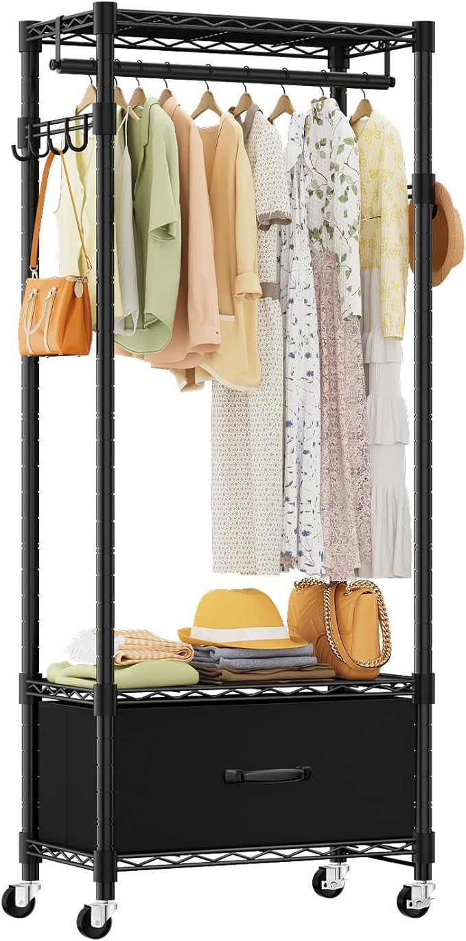 Clothes Rack, Clothing Rack for Hanging Clothes, 3 Tiers Adjustable Closet Organizer System with Drawer | Hanging Rod | Side Hooks | Load 445lbs | 23" L x 13.1" W x 78.7" H | Black