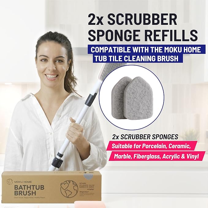 Replacement Scrubber Refill for Moku Home Extendable Tub Tile Shower Brush for Cleaning Non-Scratch (2X Scrubber Sponge Gray)