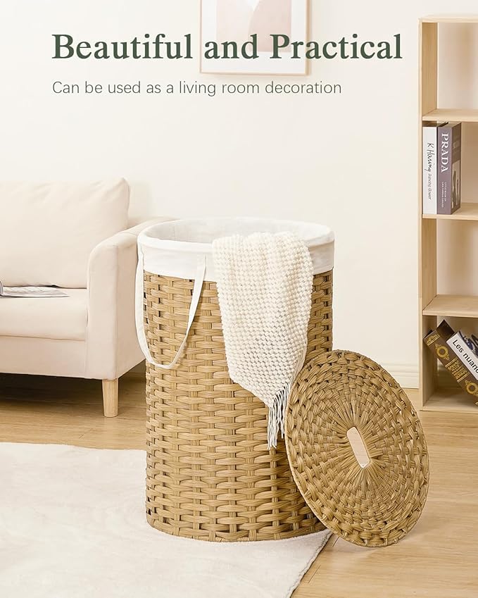 Large Laundry Hamper Laundry Basket Round 34.3 Gal (130 L) Handwoven Wicker Laundry Baskets Rattan Laundry Basket with Laundry Bag Handles 2 Mesh Bags for Living Room Bedroom Natural