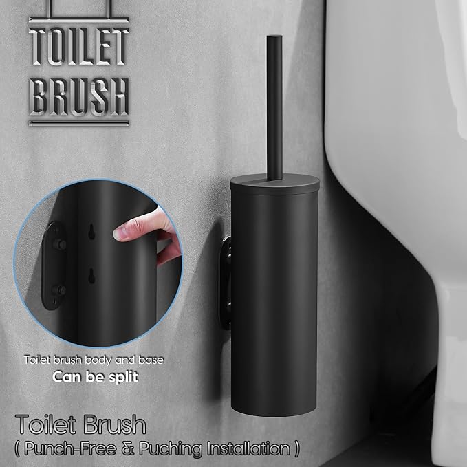 Toilet Bowl Brush and Holder, 304 Stainless Steel No-Punch Hook Base Dual Purpose Toilet Brush Holder with Removable Inner Bucket and Splash Cover - Soft Bristles (Black)