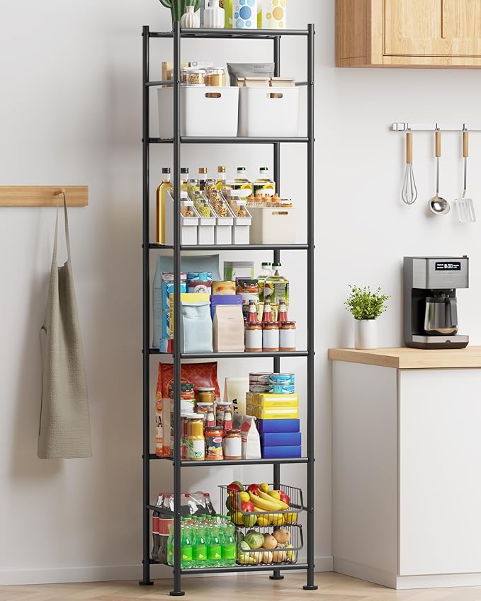 Storage Shelves - 6 Tier Shelf Organizer, Sturdy Metal Garage Shelving with Adjustable Leveling Feet, Space-Saving Shelves Organizer for Pantry, Laundry, Kitchen (18" x 12" x 70", Black)