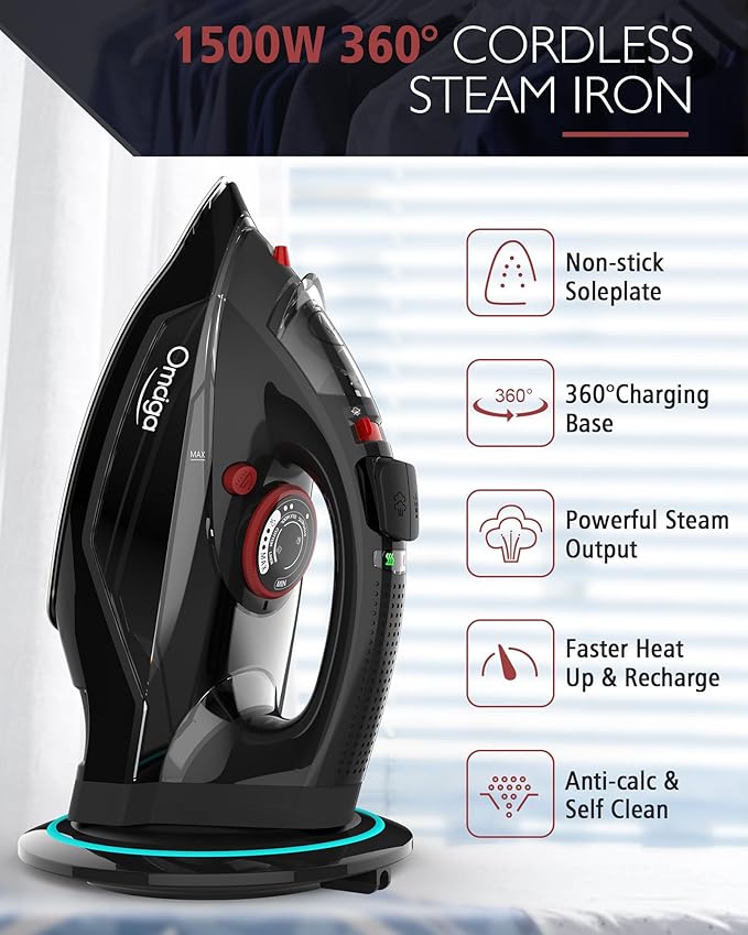 Cordless Iron for Clothes, 1500W Steam Iron Rapid Heating, Ceramic Soleplate, Auto Shut Off, Self-Clean, Anti-Calc, 3 Temperature Settings, 11.84oz Water Tank Ironing Clothes for Home, Black