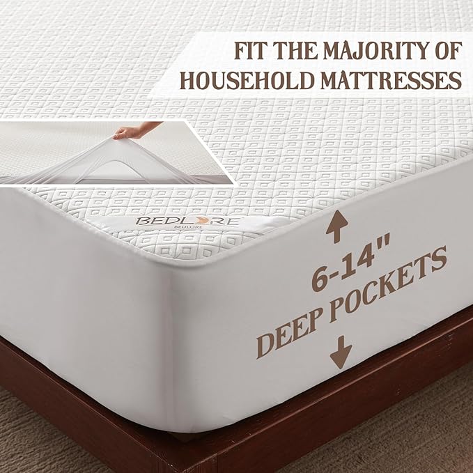 BEDLORE Full Size Mattress Protector, Waterproof Noiseless Mattress Cover with Stretchable Pockets for 6-15 inches Mattress, Soft Breathable Mattress Pad for College Dorm (White)