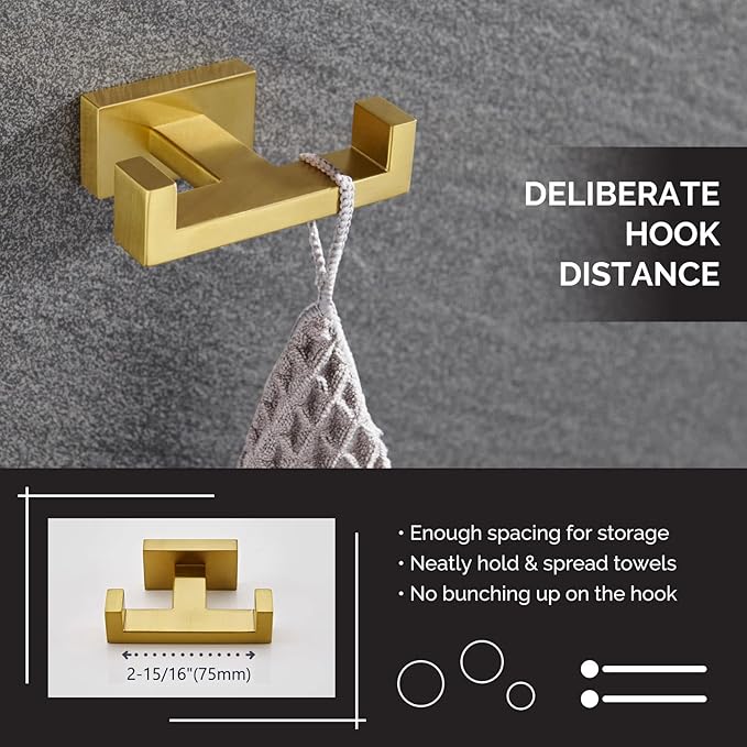 Angle Simple Towel Hook for Bathroom, SUS 304 Stainless Steel Hand Towel Holder, Double Robe Coat Hook for Wall, Brushed Gold