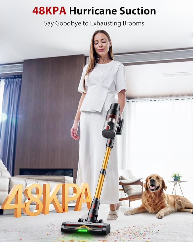 Cordless Vacuum Cleaner, 75Mins/48KPa/580W Self-Standing Vacuum Cleaners for Home, with Anti-Static&Anti-Tangle Brush, LED Touch Screen, Stick Vacuum for Carpets, Pet Hair, Hardwood Floors