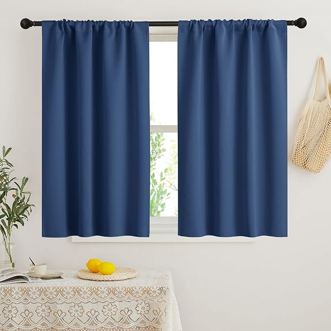 RYB HOME 45 inch Length Curtains for Kitchen, Room Darkening Narrow Window Drapes Thermal Insulated Privacy Covers for Basement RV Camper, W 34 x L 45 inch, Set of 2, Navy Blue
