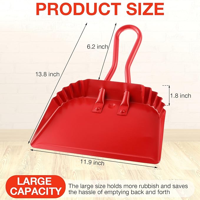Mumufy 4 Pack 12 inch Heavy Duty Metal Dustpan Large Wide Dust Pans for Household Handheld Wide Scooper and Debris Cleaning Tool Ideal for Home and Commercial Use(Red)