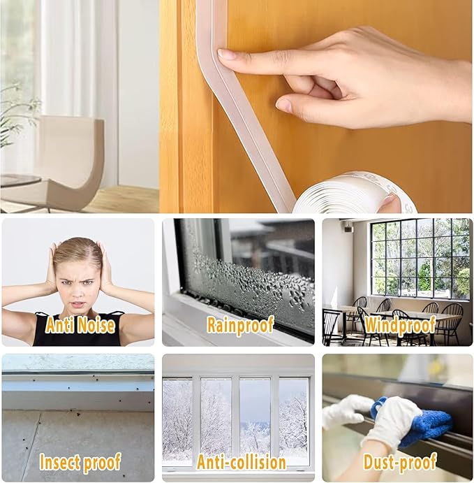 Door Weather Stripping Door Seal Strip Tape,Silicone Door Draft Stopper,Self Adhesive Shower Door Bottom Seal and Door Insulation Strip for Door Frame Windows and Glass Gaps 20 Ft (Transparent, 25mm)