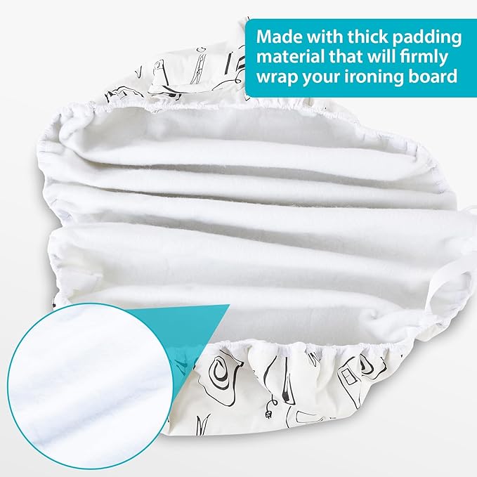 Extra Wide Ironing Board Cover and Pad 18 x 54 inch Heat Reflective with Hook and Loop Fasteners, Thick Padding with Elasticized Edges, 3 Layers Iron Board Cover (White)