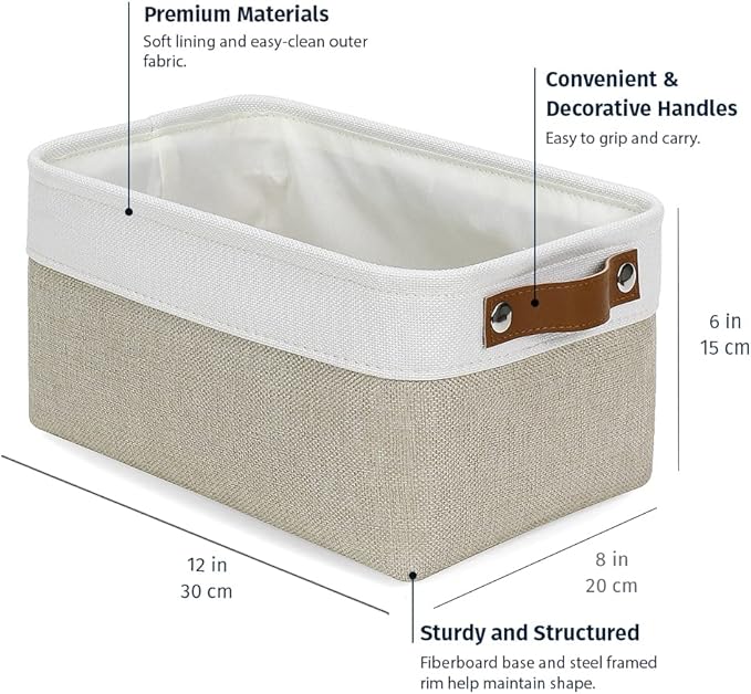 OrganiHaus Small Fabric Storage Baskets for Shelves 3 Pack, 12x8in Closet Storage Bins for Shelves, Cloth Baskets for Organizing, Linen Closet Organizers, Fabric Basket, Beige/White
