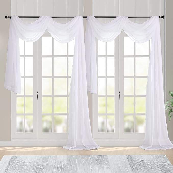 Chyhomenyc White Sheer Scarf Valances for Windows 216 Inch Extra Long, Window Scarf Drapes Rod Pocket Backdrop for Wedding Arch Draping/Party/Canopy Bed/Living Room, 2PC, 18 Feet Length