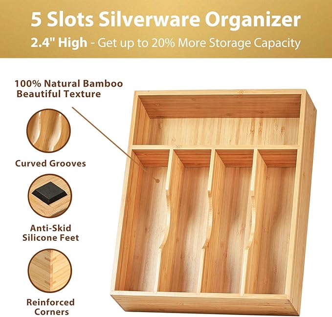 Umilife Bamboo Kitchen Drawer Organizer, 11 Inch Silverware Utensils Tray Holder with Grooved Dividers, 2.4" High Wood Caddy for Flatware Cutlery Knives