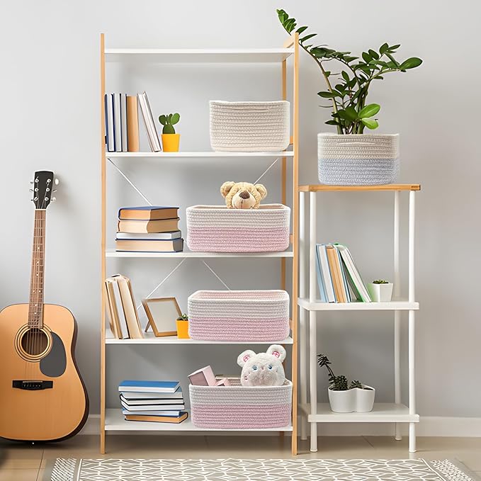 COMFY-HOMI 13" x 8.5" x 5.1" Storage Baskets for Organizing | Cotton Rope Woven Basket | Toy Storage Bin Box | Basket for Shelves, Closet Organizer Bin, Decorative Closet Shelf, 3 Pack, white/pink
