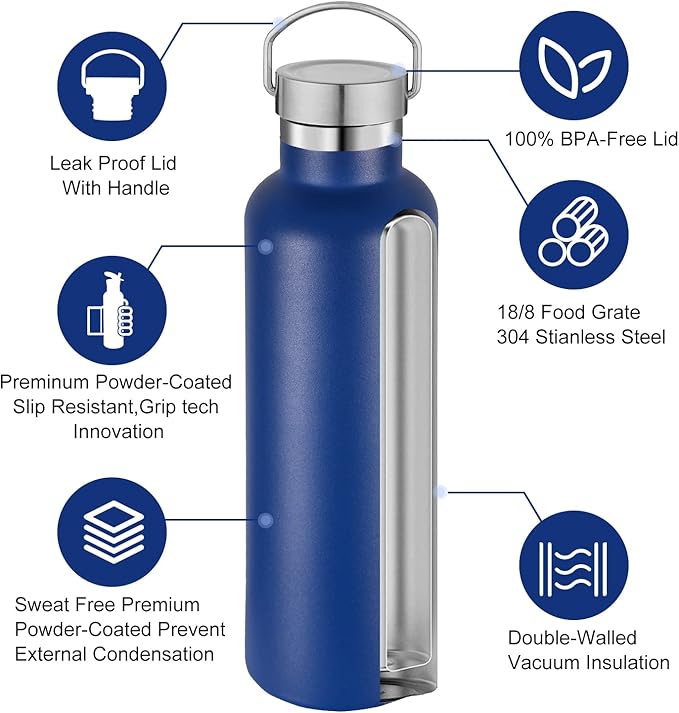 Neihepal Navy Stainless Steel Water Bottles,20 Ounce Vacuum Insulated Double Wall Travel Bottle with Leak Proof Lid of Handle,Metal Reusable Standard Mouth Flask Thermoses for School,Hikers,Gift
