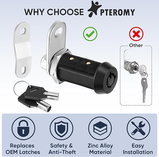 PTEROMY 12 Pack Cabinet Lock with Keys, 1-1/8'' Heavy Duty Tubular Cam Lock for RV Compartment Storage Locks, Full Set of RV Cam Locks (Black, 1-1/8'', 12 Pack)