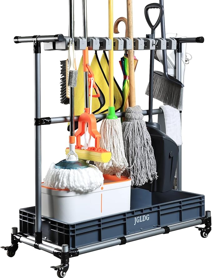Mop and Broom Holder with Wheels - Keep Your Cleaning Tools Organized! (L)
