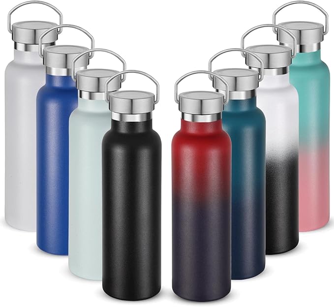 Neihepal 20 oz Insulated Water Bottles Bulk 8 Pack,Stainless Steel Double Wall Sport Bottle with Lid of Handle,Metal Reusable Flask for School,Cyclists,Hikers,Gift (Assorted,Set of 8)