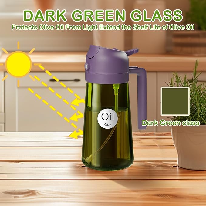 YARRAMATE 16oz/470ml Dark Green Oil Sprayer for Cooking with Stickers, Food-grade Premium 2 in 1 Olive Oil Dispenser Bottle for Kitchen Gadgets, Air Fryer, Salad, Frying, BBQ (Purple)