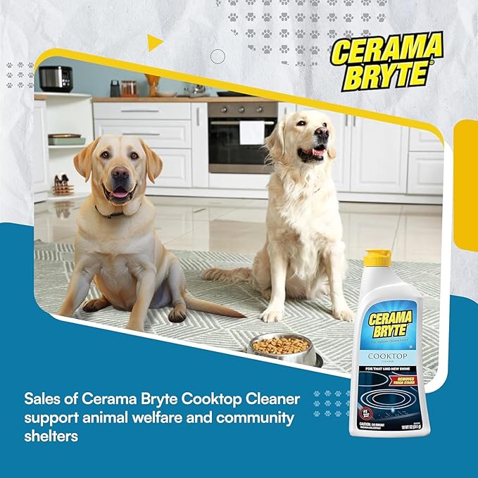 Cerama Bryte Glass Cooktop and Stove Top Cleaner Combo Kit - Includes Cleaning Tool, Razor, Scraper and 1 Pad to Remove Tough Stains - Use on Gas, Electric, Ceramic Surfaces, 18 Ounces, 4 Piece