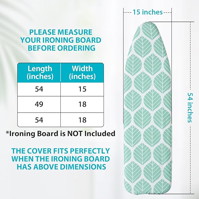 Ironing Board Cover and Pad, Standard Size 15 x 54, Thick Padding with Elasticized Edges, Heat Reflective with Hook and Loop Fasteners, 3 Layers Iron Board Cover (Green Leaf)